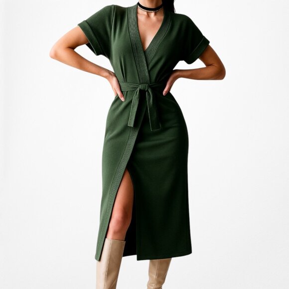 Green Short Sleeve VNeck Belted Waist Knee Length Side Slit Dress Size 0/XS - Picture 1 of 7
